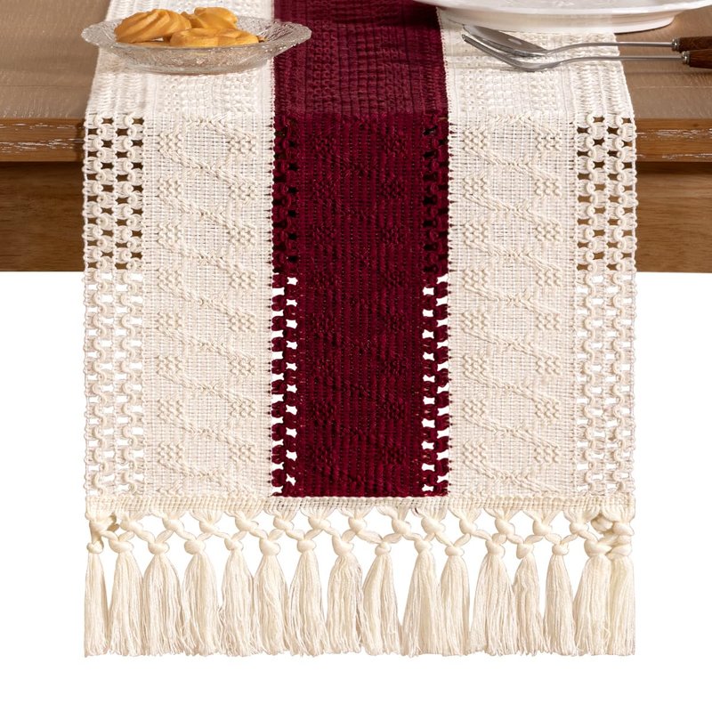 Socomi Boho Table Runner Easter Spring Farmhouse Rustic Dining Kitchen Centerpiece Decor Small Macrame Woven Cotton Linen Coffee Table Runner for Dresser Scarf Home Decor 12x36 in Burgundy Ivory