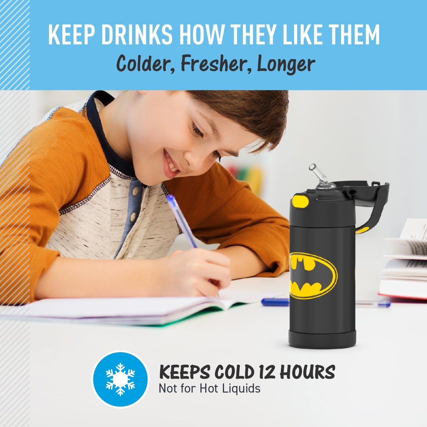 THERMOS FUNTAINER Water Bottle - 12 Ounce Kids Stainless Steel Vacuum Insulated with Straw - Batman Design