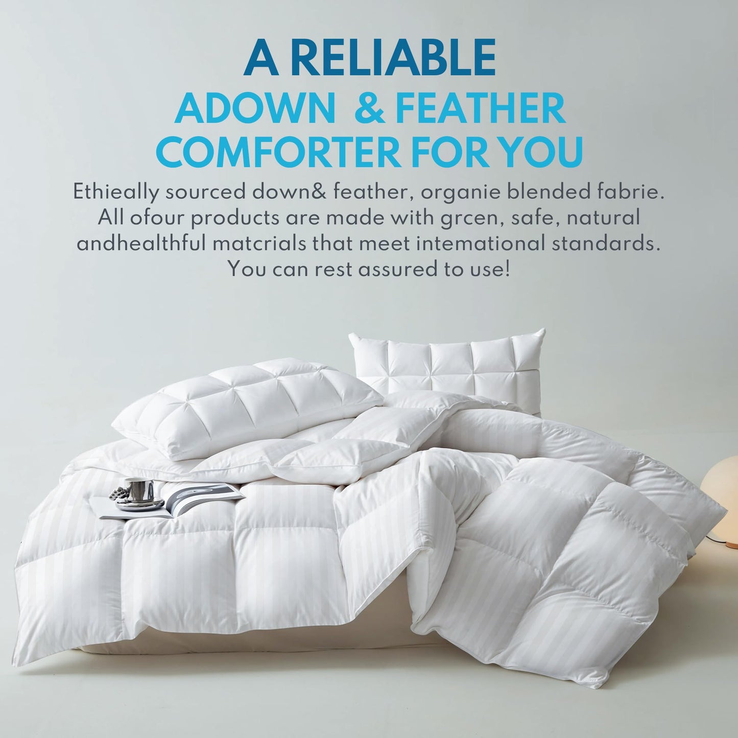 Down Feather Fiber Comforter Queen Size - All Season Luxury Hotel Duvet Insert, Medium Warmth, 750+ Fill Power Fluffy Premium Comforter with 8 Corner Tabs, White Cotton Cover, 90'' x 90''