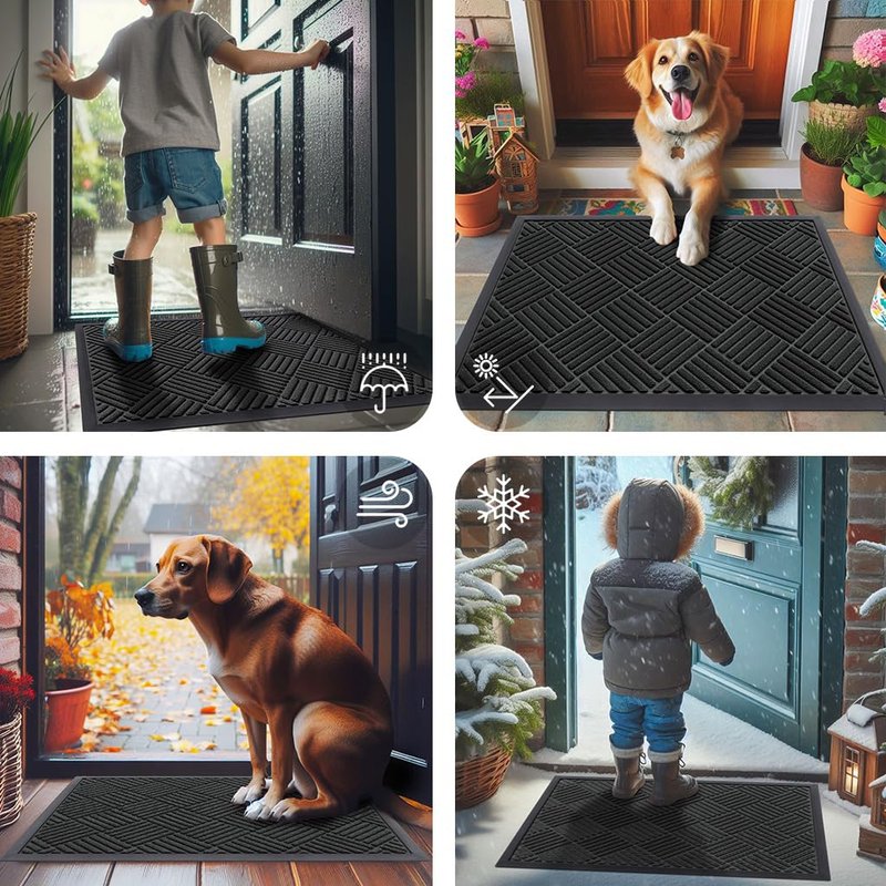 Smiry Front Door Mat Outside Entrance, Heavy Duty Outdoor Indoor Natural Rubber Doormat, Non Slip, Trap Dirt and Moisture, Easy Clean, Low Profile Patio Porch Entryway Mat, 29.5x17, Black