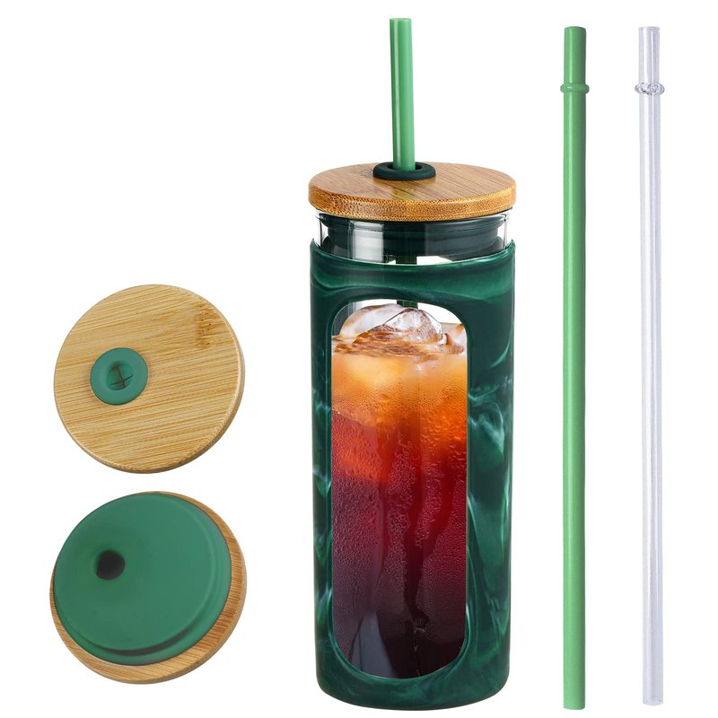 Kodrine 20oz Glass Tumbler with Straw and Lid, Iced Coffee Cups with Bamboo Lids, Glass Cups for Cold Drinks, Smoothie Cup with Silicone Sleeve for Travel, Work, BPA FREE-Green