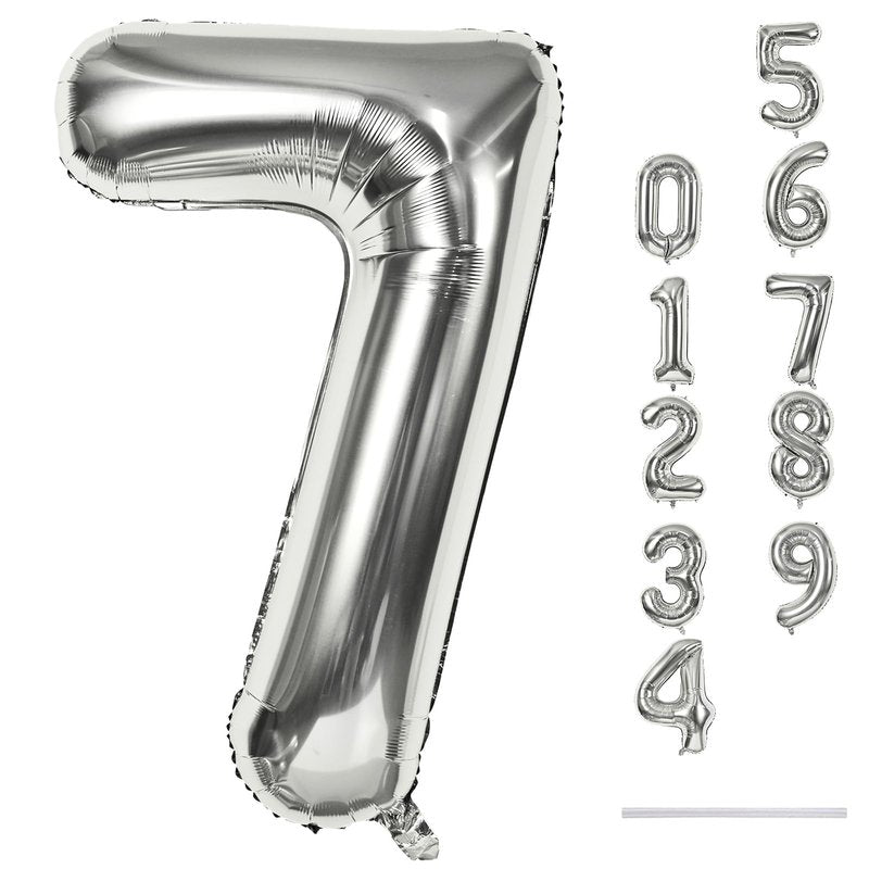 40'' Silver Number 7 Balloons, Self Inflating Foil Number Balloons Set 0-9 for Women Men, Large Digital 7 Helium Balloon for Girls Boys 7th Birthday Party New Year Decorations Anniversary Supplies