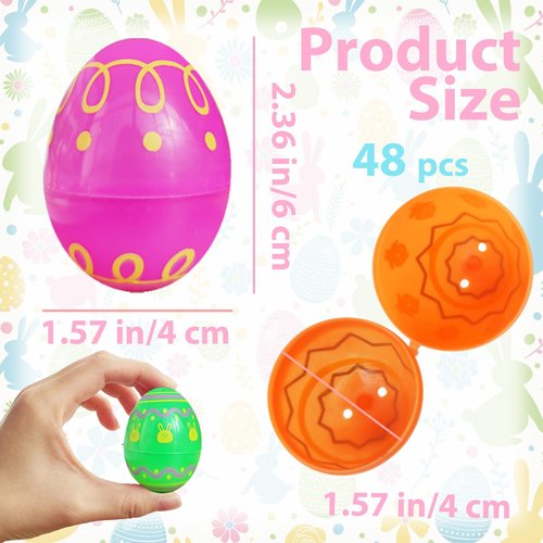 Blvochnnt 48 Pcs Fillable Easter Eggs,Plastic Empty Eggshell Hangable Egg Bulks for Easter Hunt,Filling Treats,Party Favor,Basket Stuffers,Classroom Prize Supplies,2.36 inch,Printed Bright Colors