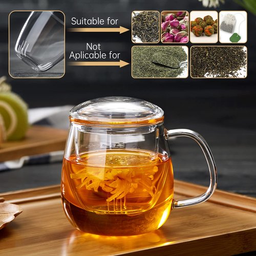DOPUDO Glass Tea Cup with Infuser and Lid, 17.6oz/520ml Large Borosilicate Teacup,Tea Glass, Clear Mug for Loose Leaf Tea, Blooming Tea, Microwave & Dishwasher Safe - Tea Maker Gift for Birthday.