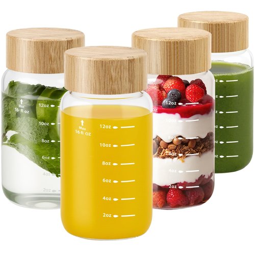 Freshmage 16 oz Borosilicate Glass Water Bottles (4 Pack) - High-Heat Resistant & Durable Wide Mouth Reusable Bottles with Bamboo Lids, Leak Proof for Juicing, Smoothies, Beverage Storage, BPA-Free