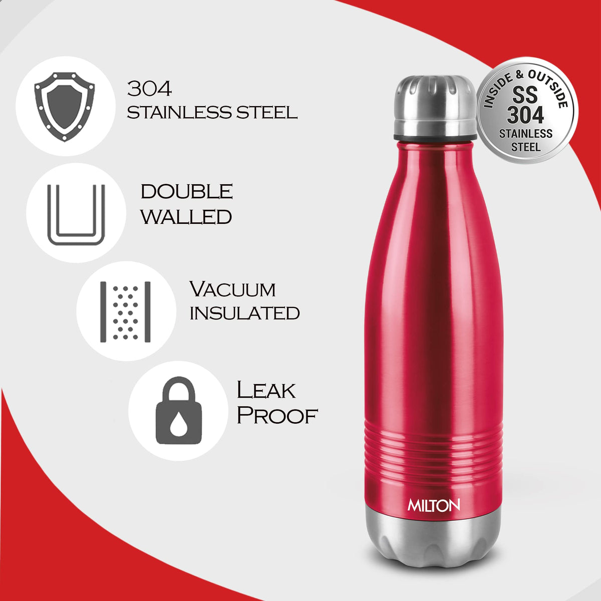 Milton Insulated Water Bottle 700 ml, (24 oz) Stainless Steel Double Walled Vacuum for 24 Hours Hot and Cold, Leakproof, BPA Free, Thermosteel Duo-DLX 750 Maroon