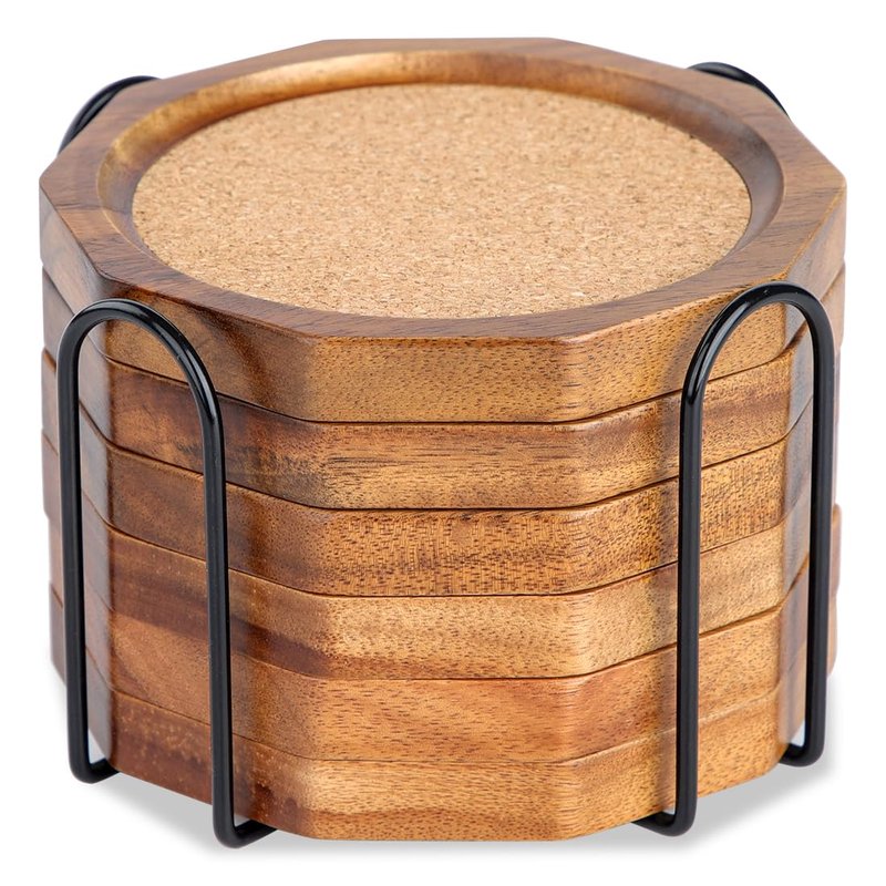 LiWiBet Wood Cork Coasters for Drinks Absorbent with Holder, 4.33in Decagonal Shape Acacia Wood Coaster Set Drink Coasters for Cups, Mugs, and Glasses - Handcrafted, Durable, and Stylish