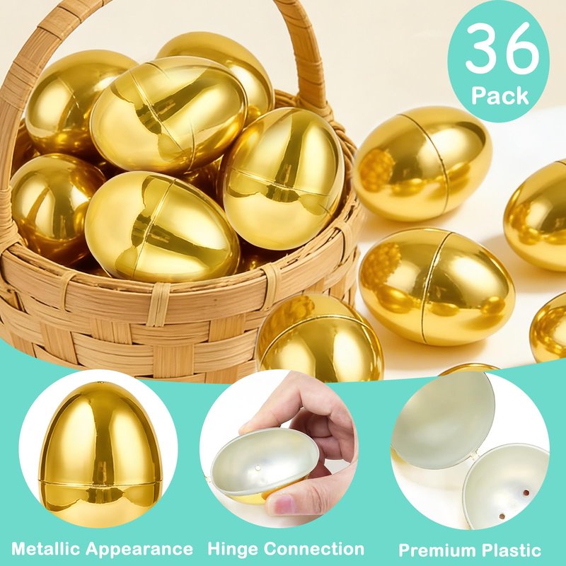AMENON 3.15" Golden Easter Eggs, 36PCS Fillable Plastic Eggs Empty Surprise Gold Eggshells with Hinge for Easter Hunt Easter Basket Stuffers Fillers Classroom Prize Supplies Filling Treats Party Favor