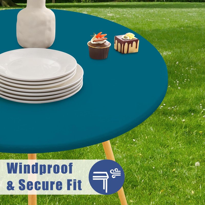 Moosfor Round Spandex Tablecloth, Elastic Fitted Waterproof Tablecloths for 25"-30" Tables, Stretch Washable Picnic Table Cover for Camping, Dining, Indoor and Outdoor,Peacock Blue