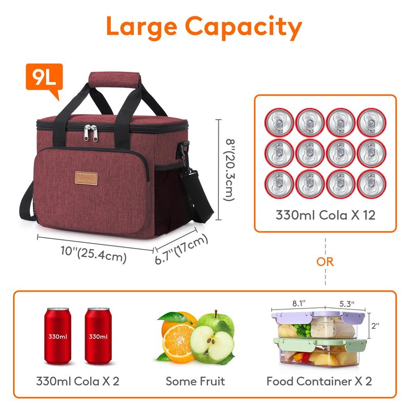 Lifewit Medium Lunch Bag, Insulated Lunch Box, Soft Cooler Cooling Tote for Adult Men Women, Burgundy 12-Can (9L)