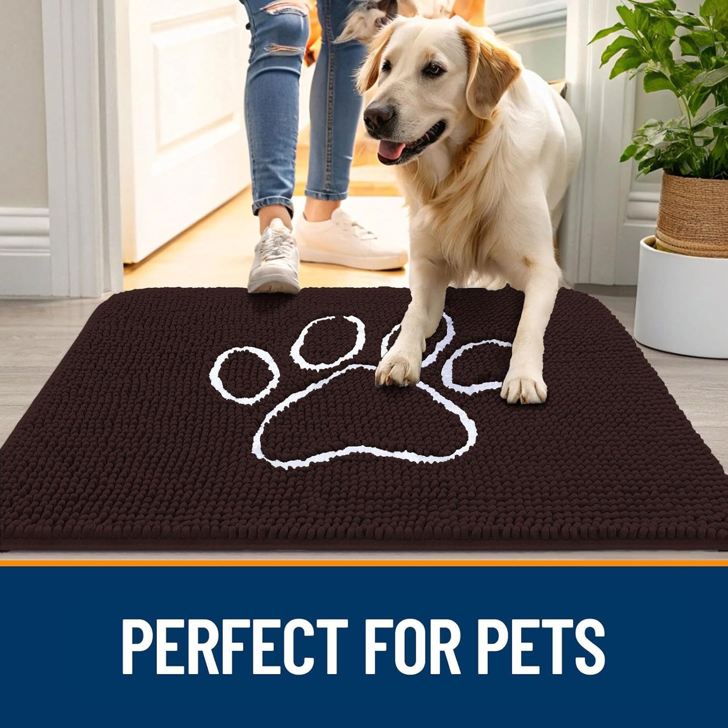 OLANLY Dog Door Mat - Absorbent Non-Slip Mud Mat for Paws | 59x32 Paw Print Design in Brown
