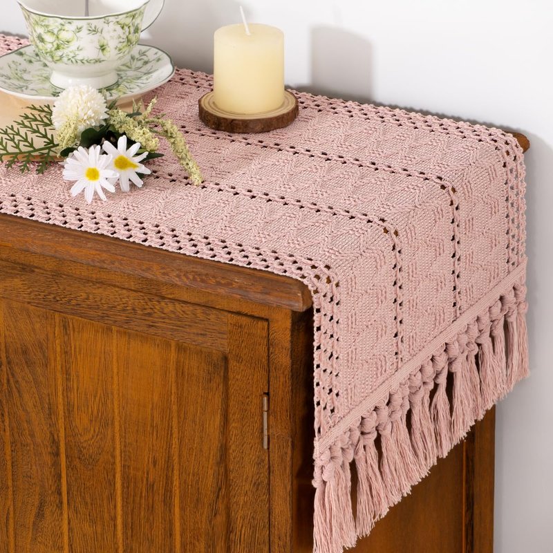 Socomi Boho Table Runner Summer Farmhouse Rustic Dining Kitchen Centerpiece Decor Small Macrame Woven Cotton Linen Coffee Table Runner for Dresser Scarf Home Decor 12x60 in Pink