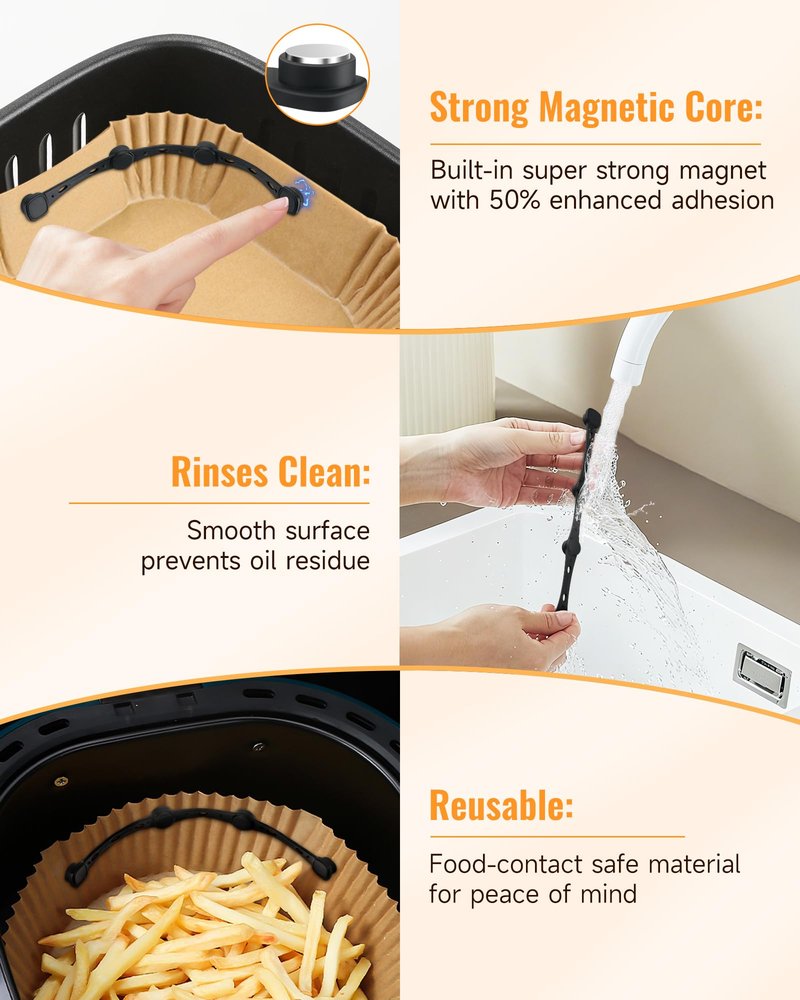 Air Fryer Magnets for Parchment Paper, 4Pcs Non-Segmented Design Air Fryer Accessories Locks Liner Magnet Silicone Buckle for Holding Down Disposable Safely, Prevent Covering Food＆Paper to Burn
