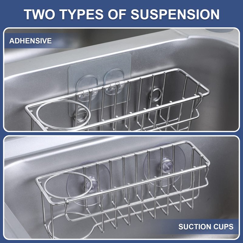 3-In-1 Sponge Holder for Kitchen Sink with Suction Cups & Adhesive Hook , In-sink Sponge Holder, Wall Hanging Sink Caddy Organizer Rack - Sponge, Dish Cloth, Brush, Scrubber - 304 Stainless Steel
