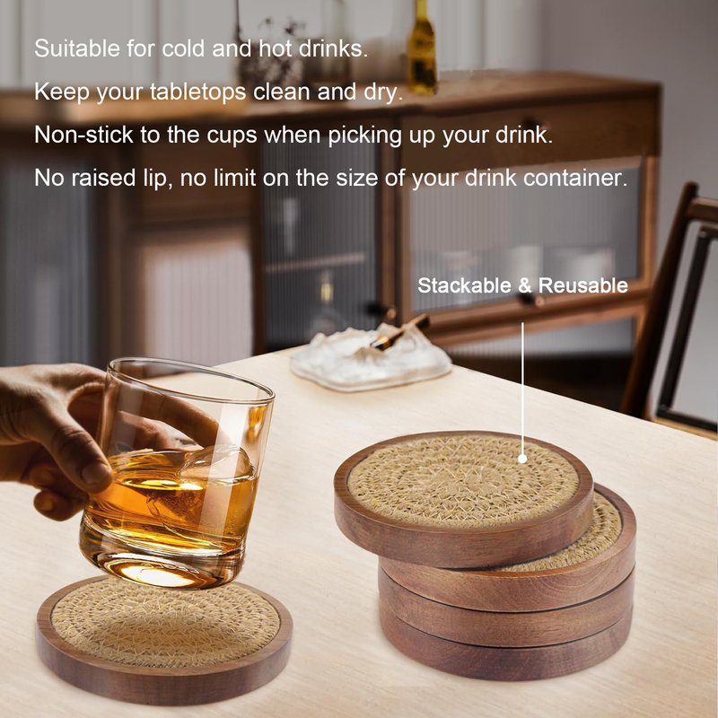 Wood Coasters for Drinks, Eykao Absorbent Coaster Sets of 5, Woven Drink Coasters for Coffee Table, Housewarming Gift for Farmhouse Home Decor,4 inches