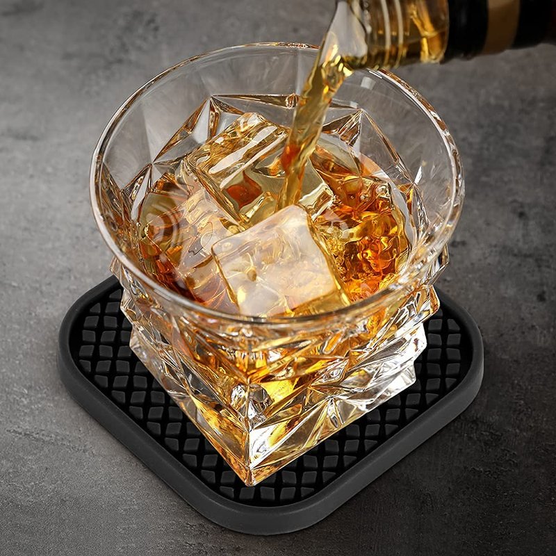 ME.FAN Silicone Coasters with Holder [6 Pack] Square Drink Cup Mat - Non-Slip, Non-stick, Stay Put, Deep Tray - Prevents Furniture and Tabletop Damages Nave Blue