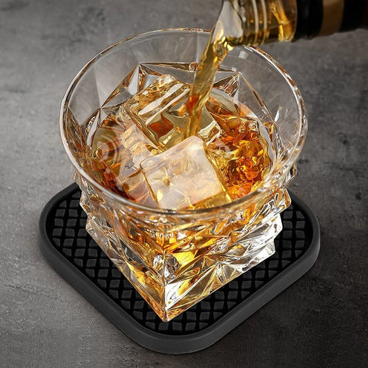 ME.FAN Silicone Coasters with Holder [6 Pack] Square Drink Cup Mat - Non-Slip, Non-stick, Stay Put, Deep Tray - Prevents Furniture and Tabletop Damages Nave Blue