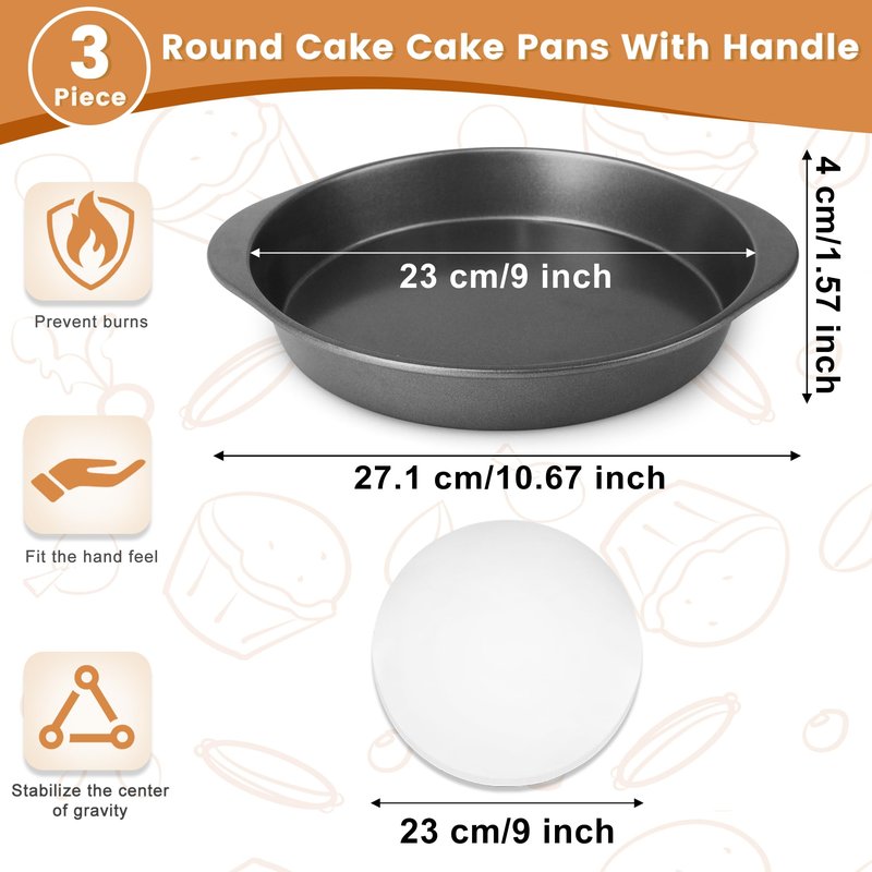 BEWOS 9 Inch Cake Pan Set - 100 Pcs Parchment Paper With 3 Pcs Carbon Steel Round Cake Pans, Nonstick Baking Pans Set With Handle, Dishwasher Safe