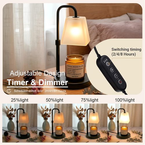 JIMEI Candle Warmer Lamp with Timer Electric Wax Warmer for Scented Wax Melt Warmer Melter for Jar Candles Dimmable Adjustable Height Gifts for Women Mom House Warming Frossted Glass Black
