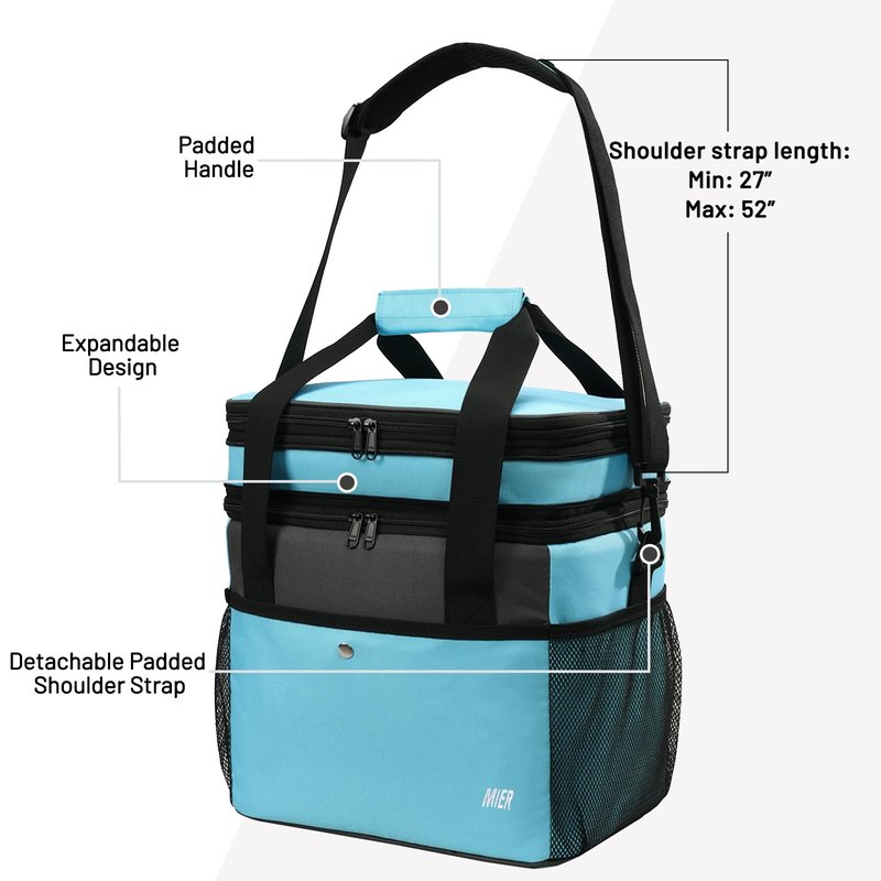 MIER Expandable 24L Lunch Bag Double Layer Insulated Cooler Tote Soft Cooler Bags 30Can Mens Adults Lagre Leakproof Lunch Boxes for Work, Picnic, Camping, Travel, Light Blue