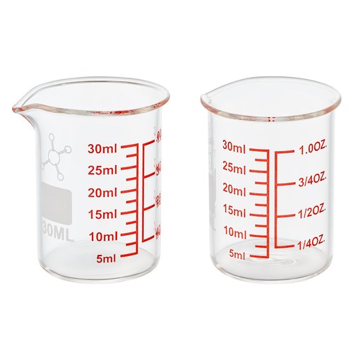 High Borosilicate Glass Measuring Cup-V-Shaped Spout，Glass Measuring Beaker for Kitchen or Restaurant, Easy to Read, 30 ML (1 Oz)-Pack of 2