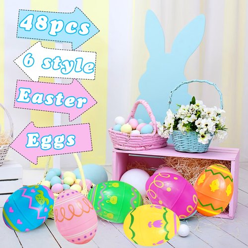 Blvochnnt 48 Pcs Fillable Easter Eggs,Plastic Empty Eggshell Hangable Egg Bulks for Easter Hunt,Filling Treats,Party Favor,Basket Stuffers,Classroom Prize Supplies,2.36 inch,Printed Bright Colors
