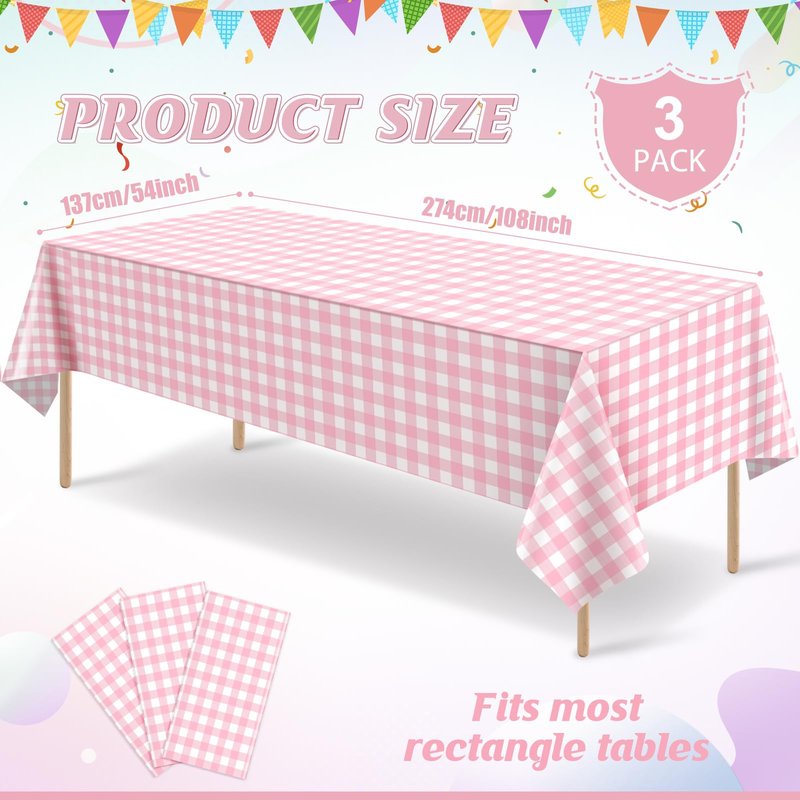 3 Pcs Pink and Whtie Gingham Tablecloth Decorations, Disposable Plastic Pink Checkered Tablecloth Buffalo Plaid Table Cover for Baby Shower Bridal Wedding Birthday Party Supplies,54 x 108 Inch