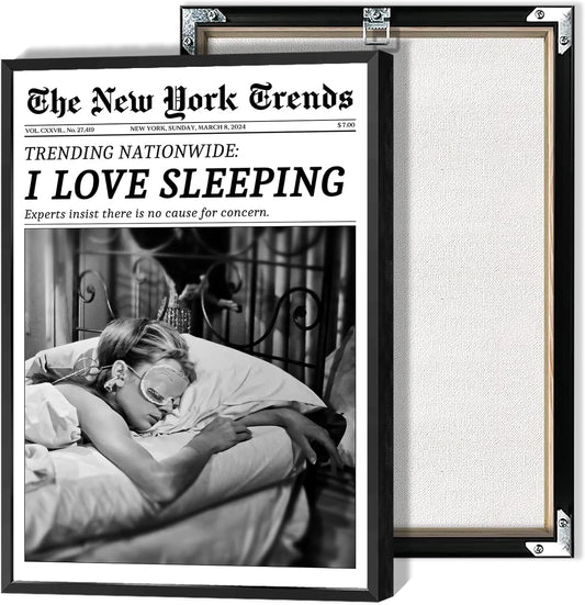 Vintage I Love Sleeping Canvas Wall Art - Black and White New York Headline Print | 8x10in Framed Decor for Home & Bedroom