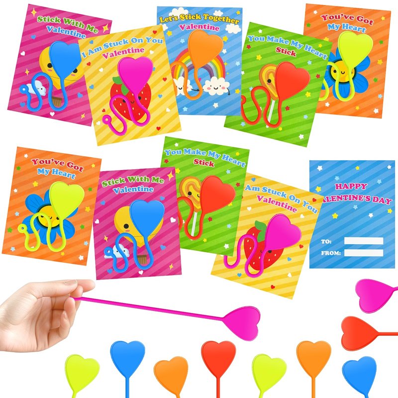Valentines Day Cards with Hearts Sticky Hand Toys for Kids Class,28 Pack Valentine Exchange Cards & Slappy Sticky Hands Gifts for Preschool,Non Candy Party Favors,Classroom Treats Prizes for Boys Girl