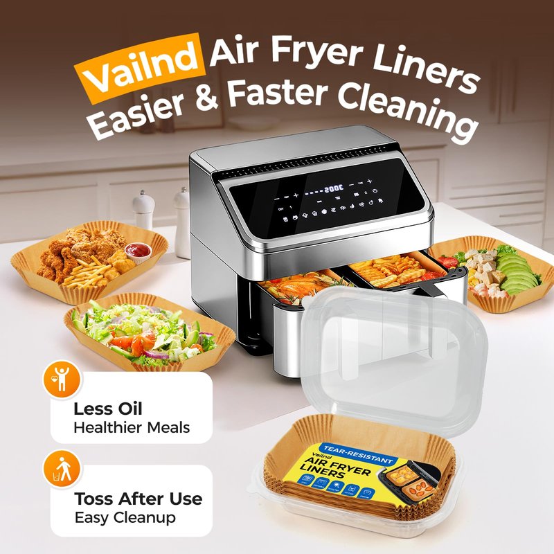 Air Fryer Liners Disposable for Dual Basket, 250Pcs 8x5.5 Inch Rectangular Parchment Paper for Ninja DZ201 DZ401, Chefman/COSORI 2-Basket Air Fryer, Oil Proof Baking Paper Sheets by Vailnd