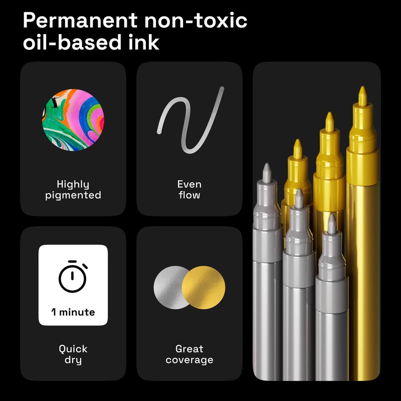 ARTISTRO 12 Oil-based Gold & Silver Paint Pens- 0.7mm Extra-Fine Markers for Tire, Wood, Rock, Fabric, Glass, Ceramic, Metal, Plastic, and More - Quick Dry, Waterproof