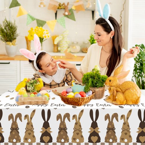Avezano 3pcs Happy Easter Tablecloth 108 x 54 inch Buffalo Plaid Easter Party Tablecloths Rectangular Brown Bunny Plastic Table Cloth Disposable for Party Decorations