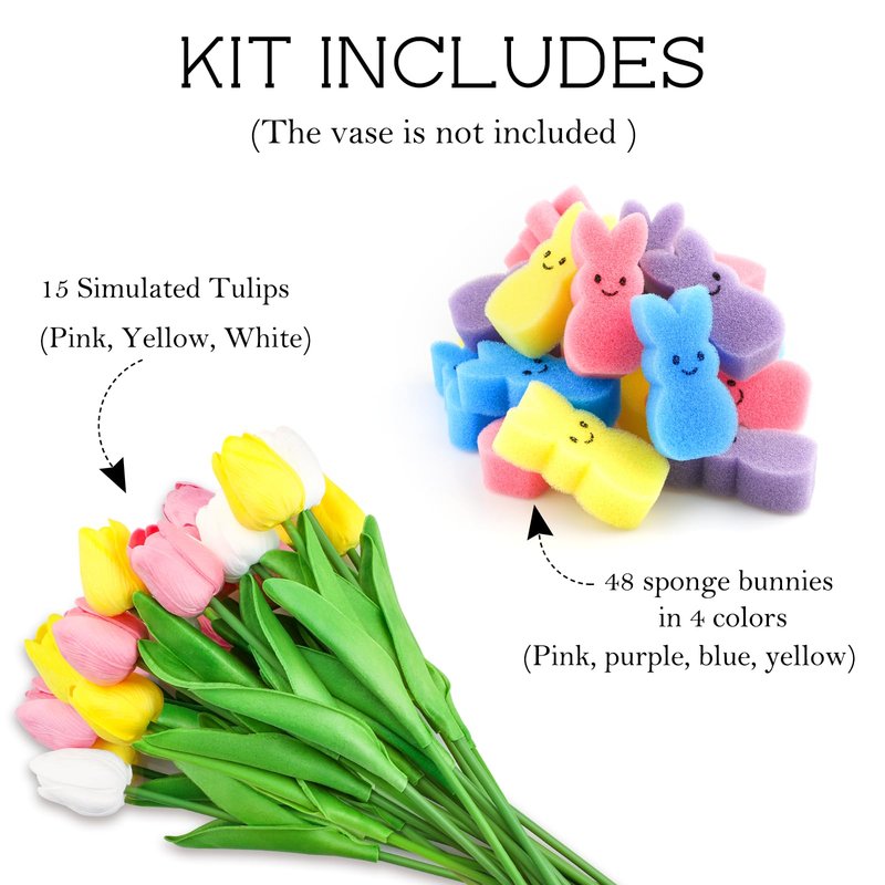 Labrostar Easter Decorations Easter Decor 15pcs Artificial Tulips with 48pcs Bunnies Vase Filler Spring Decor Home Indoor Decoration Centerpieces for Tables
