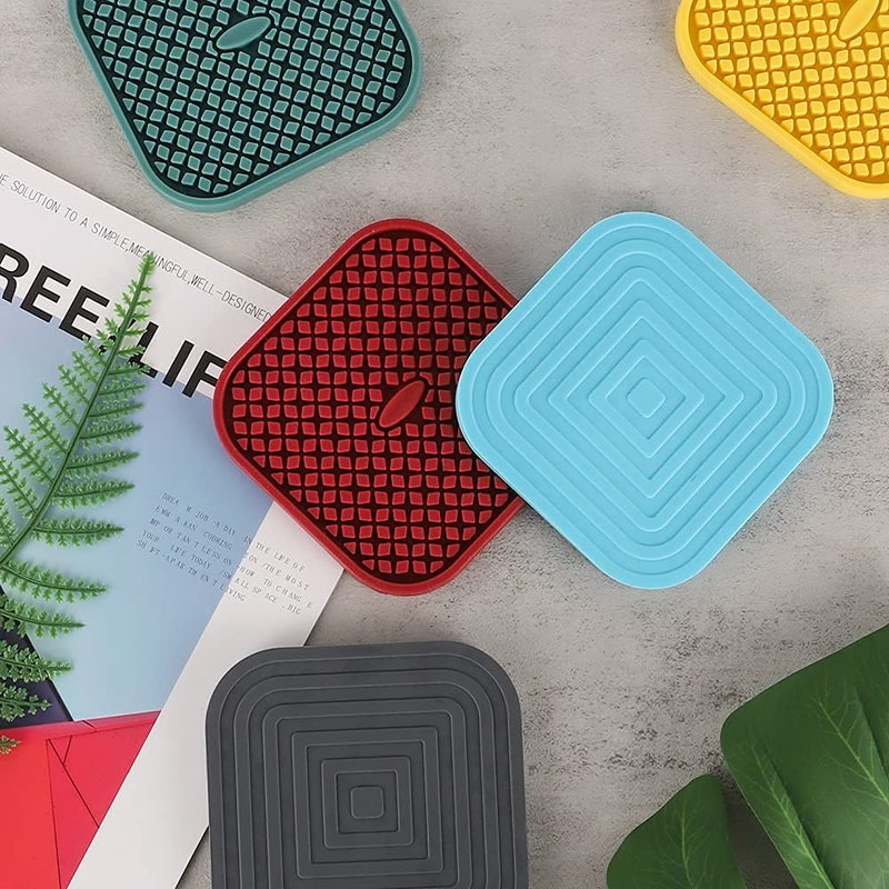 ME.FAN Silicone Coasters with Holder [6 Pack] Square Drink Cup Mat - Non-Slip, Non-stick, Stay Put, Deep Tray - Prevents Furniture and Tabletop Damages Nave Blue