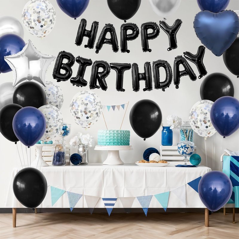 Navy Blue and Black Birthday Decorations for Men,Blue Black White Balloons Happy Birthdays Balloon Banner Silver Confetti Balloons for Men Boy Girls Women Adults Birthday Party Decorations