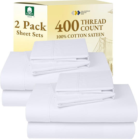 California Design Den Full Size Sheet Sets - 400 Thread Count 100% Cotton Sateen - Soft, Breathable & Deep Pocket - Bright White (2-Pack)