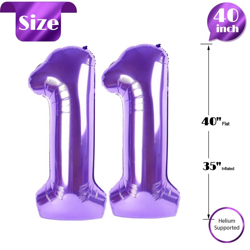 Purple Number 11 Balloon 40 inch, 11 Number Balloons, 11th Purple Birthday Decorations, 11 Year Old Girls Boys Party Supplies