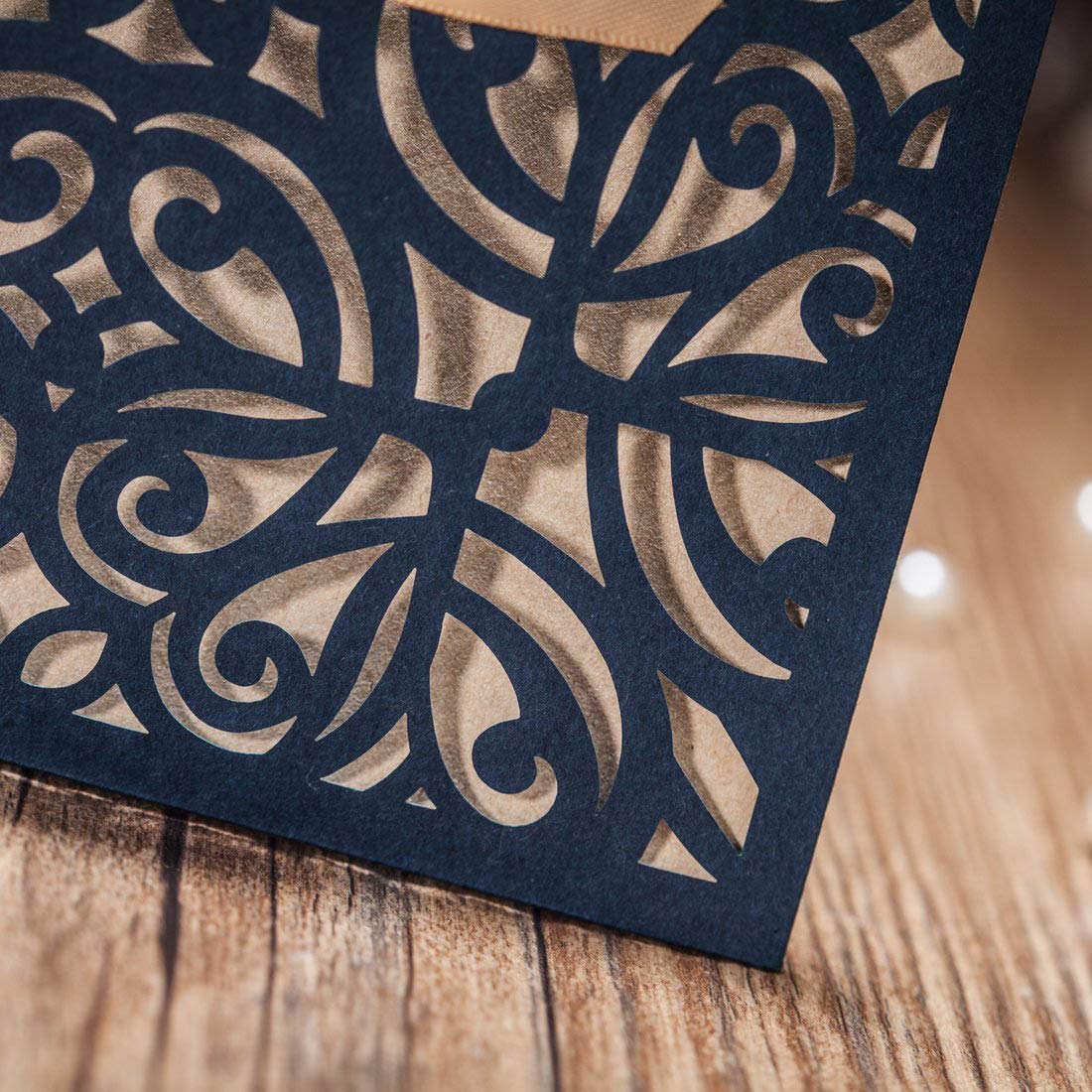 WISHMADE Jofanza 5.9x5.9 Inch 50PCS Navy Blue Laser Cut Wedding Invitation Cards with Bowknot and Envelopes Kraft Paper Blank invitation for Wedding Engagement Party Invite