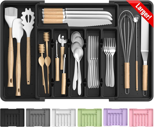 RoomHacks Large Expandable Silverware Organizer - Adjustable BPA-Free Utensil Holder for Kitchen, Black (6-8 Slots)