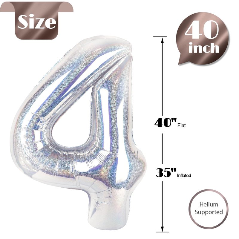 Laser Silver 4 Balloon, Number Balloons 40 Inch, 4th Birthday Decorations for Girls Four Large Numbers for Party Decor, Number 4 Balloon