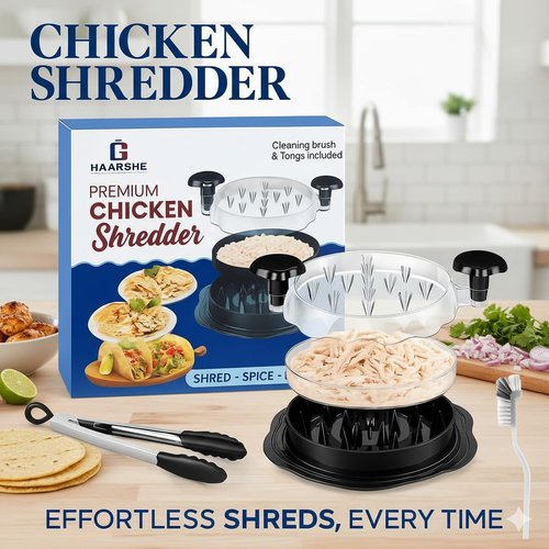 Haarshe Upgraded 5-in-1 Large Chicken Shredder with Cleaning Brush & Tong 10'' Pro Chicken Shredder Tool Twist Large Stable Anti-Slip Ergonomic Handle, Removable Tray, Dishwasher Safe, BPA Free