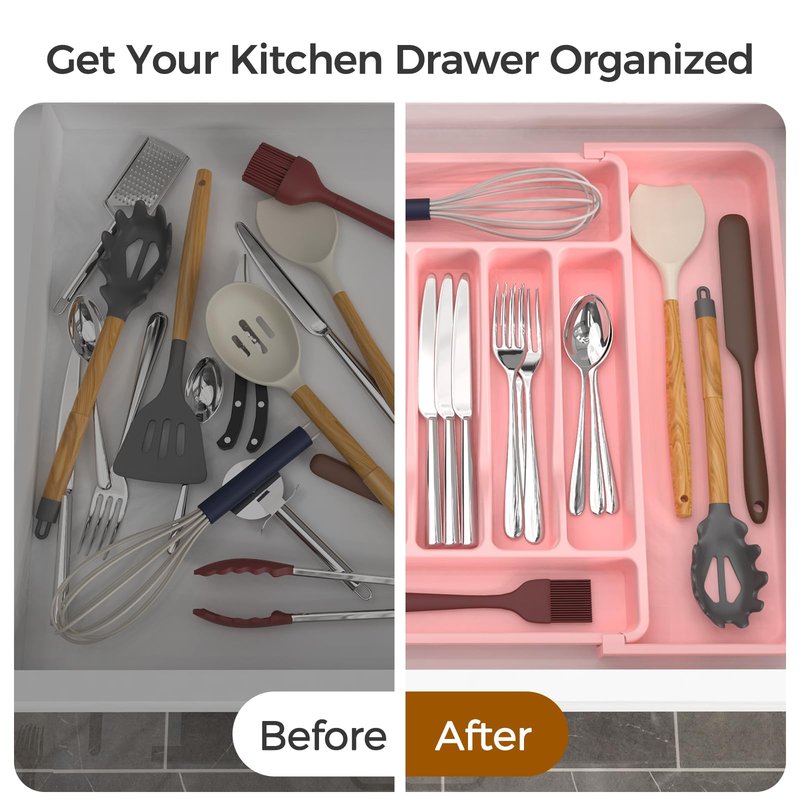 ukeetap Extra Large Expandable Silverware Organizer, BPA-Free Food-Safe Cutlery Flatware Organizer, Kitchen Utensil Drawer Organizer, Adjustable Silverware Holder for Spoons Forks Knives, Pink