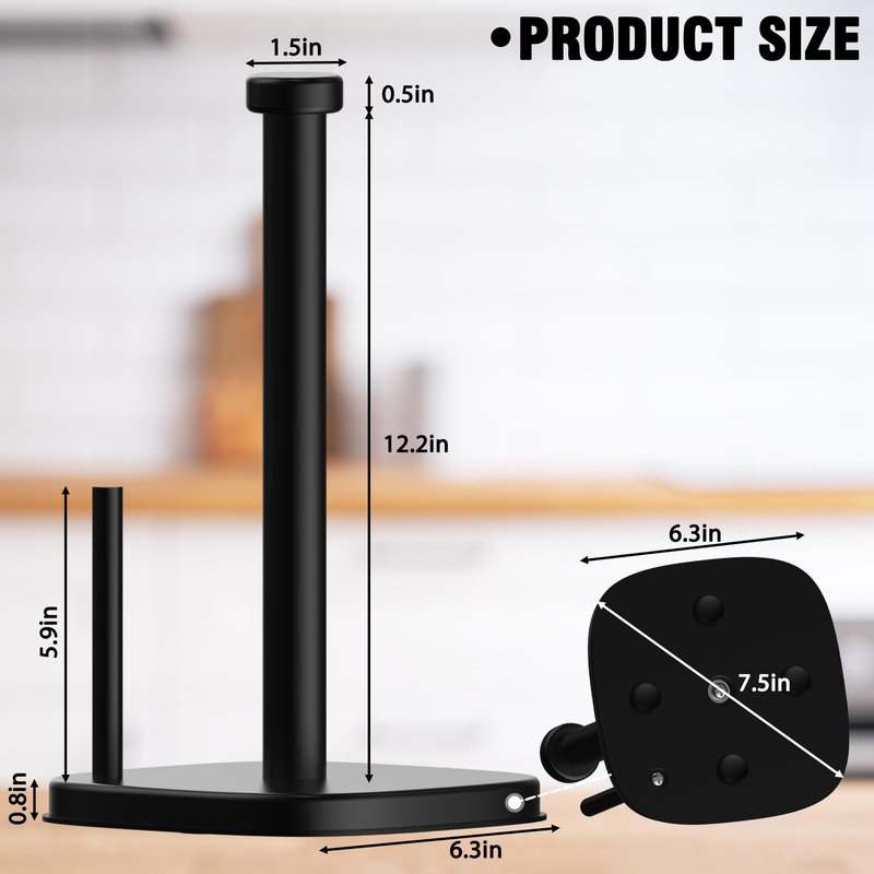MIROAMZ Paper Towel Holder Countertop, Stainless Steel Paper Roll Holder with Weighted Base Suction Cups, One-Handed Operation Standing Paper Towel Holder for Kitchen Bathroom (Matte Black)
