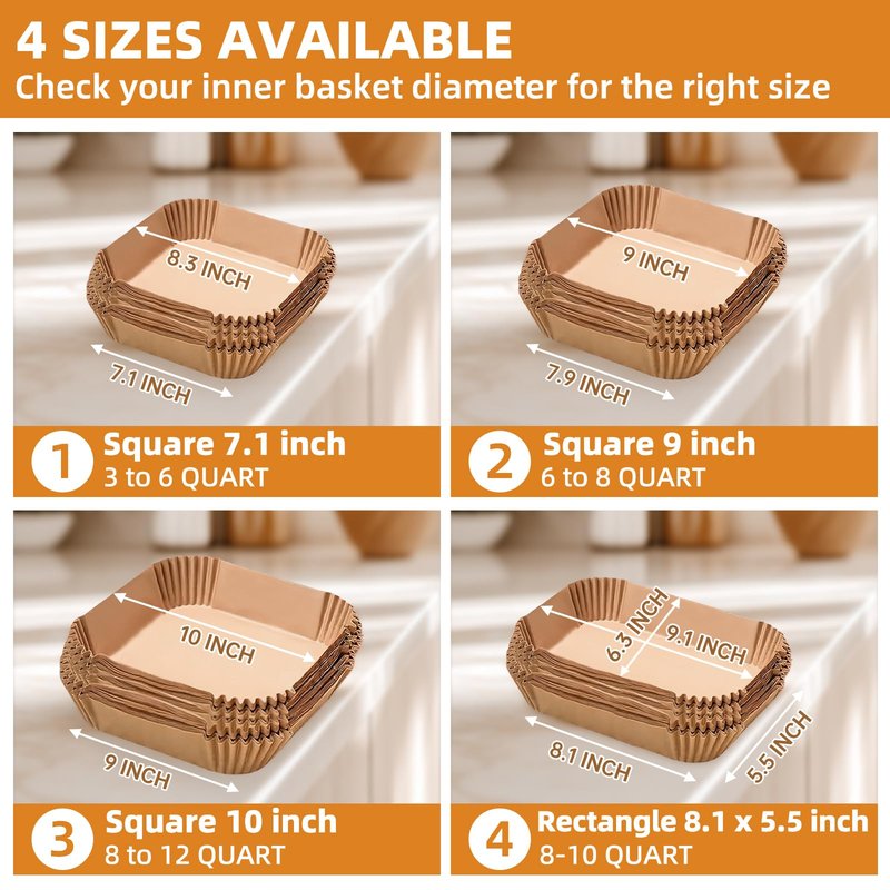Air Fryer Paper Liners for 4 qt / 5 qt / 6 qt, Thickened Square Disposable Liner Compatible with Ninja/Chefman/Cosori/Instant Pot and other 4q-6qt Airfryer (8.3'' on Top)