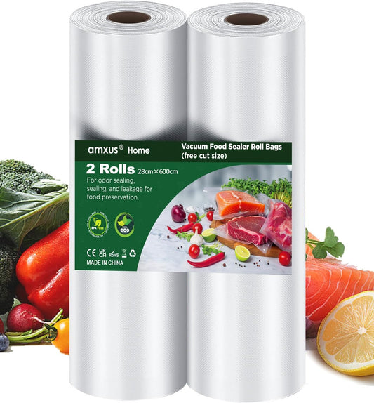 Amxus Vacuum Sealer Bags - Heavy Duty BPA-Free Food Storage | 2 Rolls, 28CM x 6M for Portion Control