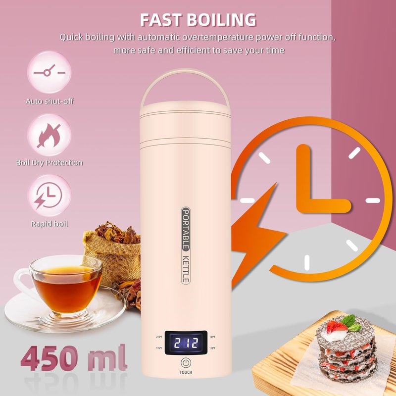 Travel Electric Kettle Portable Small Mini Tea Coffee Kettle Water Boiler, Water Heater with 4 Temperature Control,304 Stainless Steel with Auto Shut-Off & Boil Dry Protection, BPA-Free (Pink)