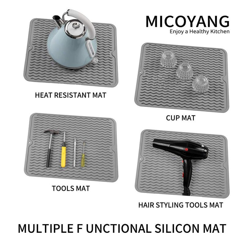MicoYang Silicone Dish Drying Mat for Kitchen Counter or Sink, Refrigerator or Drawer Liner, Easy Clean, Eco-Friendly, Heat-Resistant, Grey, 16 inches x 12 inches