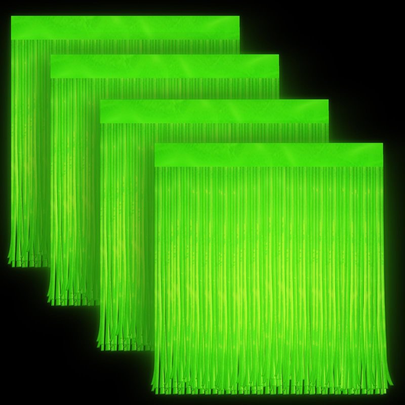 4 Pack Glow in The Dark Curtains Party Supplies 6.6 x 3.3 Ft Glow Tinsel Foil Fringe Curtains Photo Booth Prop Backdrop Streamer for Birthday Holiday Neon Party Decorations