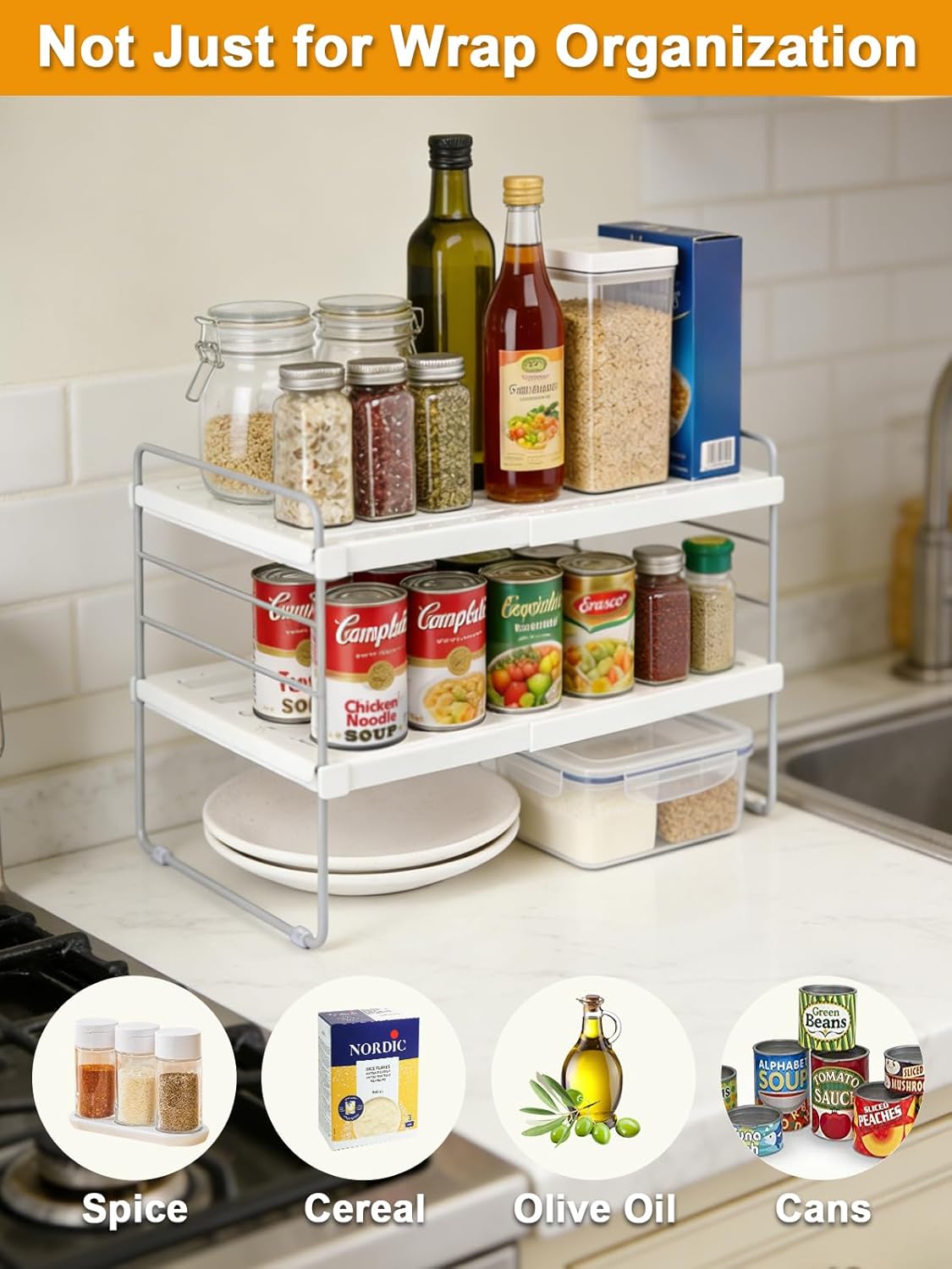 JUPELI Foil and Plastic Wrap Organizer - Expandable Kitchen Storage Rack | Height Adjustable 3-Tier Design (9.8" to 15.6"L)