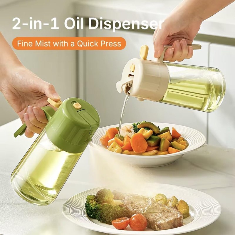 BEAUTIVANA 16oz/470ml Glass Olive Oil Sprayer for Cooking with Stickers, 2 in 1 Oil Dispenser for Kitchen Gadgets, Food Grade Premium Spray Bottle with Portion Control for Salad, Frying, BBQ (Green)